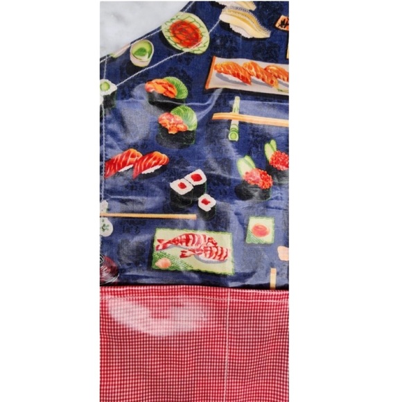 Icky KIDS Cooking Tie Apron Sushi Food Design Plastic One Size Red Blue Pockets - Picture 9 of 9